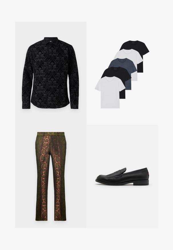 Fekete hosszú ujjú póló, texturált damaszt mintával, klasszikus gallérral és gombos záródással, puha anyagból készült, sima felülettel.; Öt fekete, fehér és tengerészkék póló készlet. Pamut anyag, rövid ujjak, kerek nyakú dizájn és sima textúra minták nélkül.; Zöld mintás nadrág, amely kígyóbőr mintázattal rendelkezik barna és narancssárga árnyalatokban, egyenes fazon és sima textúrával.; Fekete bőr loafer cipők sima felülettel, lekerekített orral és egy kis díszes hajtókával. Alacsony, rakott sarkú és diszkrét márkázási részletekkel rendelkezik.