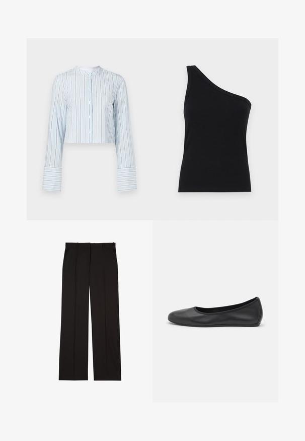 Lys blå, langermet skjorte med vertikale striper. Har en rund krage og hvite knapper foran. Stripete ermer.; En-skulder svart ribbet tanktop med en tettsittende design og myk tekstur. Har en ren, minimal kutt og jevn halslinje.; Sorte skreddersydde bukser laget av et glatt stoff, med rett ben-design og to sidelommer. Elegant og minimalistisk konstruksjon.; Svart skinnballettflatt med rund tå, glatt tekstur, minimal sømdetalj, og et fleksibelt såledesign.