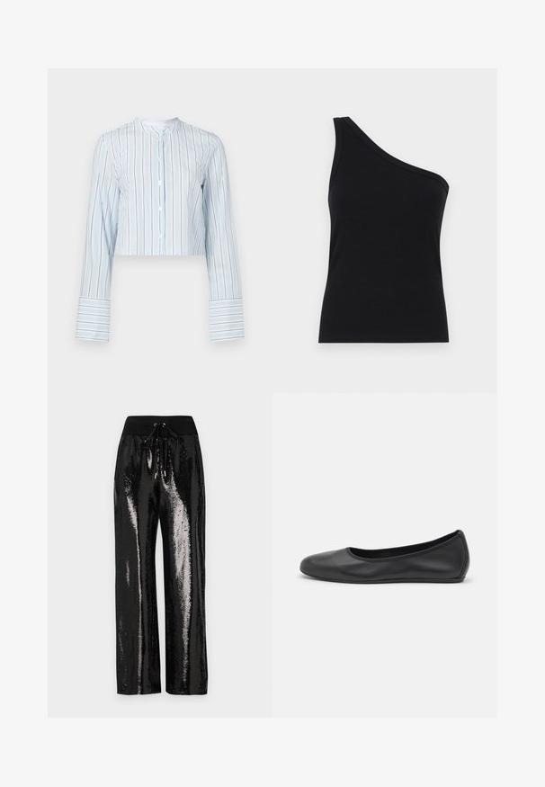 Skraťená blúzka s dlhým rukávom svetlo modrej farby s vertikálnymi prúžkami. Má okrúhly golier a biele gombíky pozdĺž prednej strany. Pruhované manžety.; Čierny rebrovaný top na jedno rameno s priliehavým strihom a jemnou textúrou. Obsahuje čistý, minimalistický strih a hladký výstrih.; Čierne trblietavé nohavice s širokým strihom a elastickým pásom s šnúrkou. Materiál má reflexnú, lesklú textúru.; Čierne kožené baleríny s okrúhlou špičkou, hladkým povrchom, minimálnym prešívaním a flexibilným dizajnom podrážky.