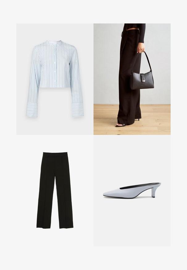 Lyhyttaskuinen pitkähihaisa paita vaaleansinisessä sävyssä pystysuorilla raidoilla. Ominaisuuksiin kuuluu pyöreä kaulus ja valkoiset napit edessä. Raidalliset hihansuut.; Mustat leveälahkeiset housut, jotka on valmistettu sileästä kankaasta. Niissä on istuva vyötärö ja hienovaraiset etupleatit, jotka lisäävät tekstuuria.; Vaaleansiniset patentoidut korkokengät, joissa on terävä kärki, matala läpinäkyvä korko ja tyylikäs muotoilu, jossa on aukko vampissa.; Musta käsilaukku, jossa on rakenteellinen muoto, sileä pinta ja metallinen solki. Yhdistetty leveisiin mustiin housuihin ja avonaiheisiin sandaaleihin puulattialla.