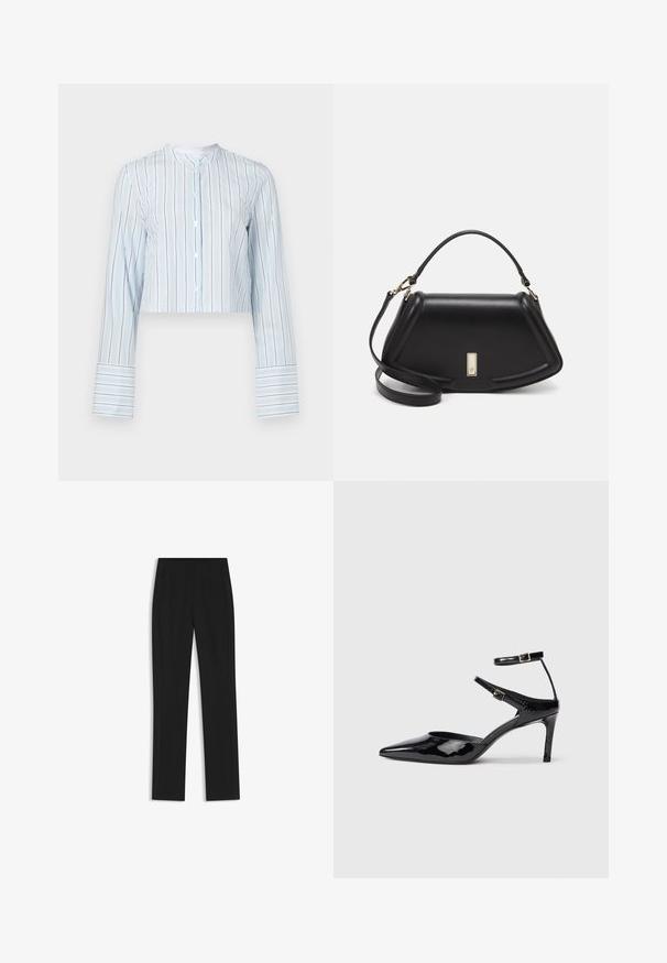 Camicia a maniche lunghe cropped di colore azzurro con righe verticali. Presenta un colletto rotondo e bottoni bianchi lungo la parte anteriore. Polsini a righe.; Pantaloni neri su misura con un design a gamba dritta, dotati di tasche frontali e un tessuto liscio e strutturato. Dettagli ordinati e minimalisti.; Décolleté in pelle eco-patent nera con punta affilata, cinturini alla caviglia regolabili e tacco sottile. Texture liscia con una finitura lucida.; Borsa a mano in pelle nera con un design strutturato, caratterizzata da una forma corta, manico superiore e accessori in metallo dorato. Inclusa tracolla regolabile.