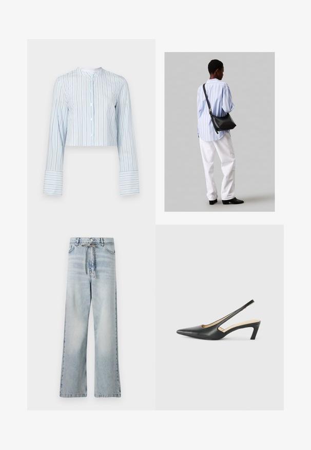Beskaaret langærmet skjorte i lyseblå med lodrette striber. Har en rund krave og hvide knapper foran. Stribede manchetter.; Lysblå vidbenede jeans lavet af denim, med høj talje, forlommer og en snøre detaljeret i taljen. Distressed tekstur.; Sorte spidse slingback-sko med en lav hæl, lavet af glat læder og med udskæringer på siden for åndbarhed.; Sort læder skuldertaske med en blød tekstur, trekantet form og justerbar strop, kombineret med en lyseblå stribet skjorte og hvide bukser.