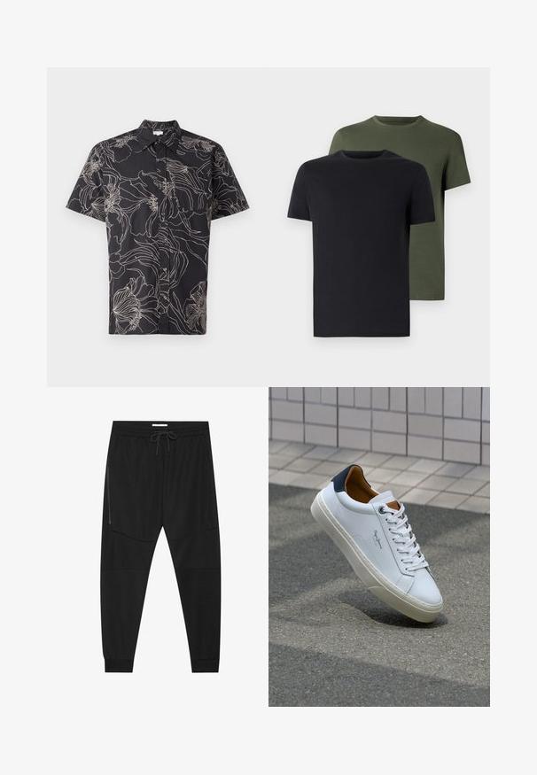 Chemise noire à manches courtes avec un motif floral en contour blanc, dotée d'un devant à boutons et d'un col classique. Fabriquée en tissu léger.; Deux t-shirts col ras du cou en noir et vert olive, fabriqués en coton doux. Le design est simple avec des manches courtes et une coupe droite.; Pantalons de sport noirs en tissu texturé, dotés d'une taille réglable, d'une poche latérale zippée et de chevrons resserrés.; Sneaker en cuir blanc avec un talon bleu marine, bout rond et accents marron contrastés. Dispose de lacets plats et d'une semelle en caoutchouc texturée.