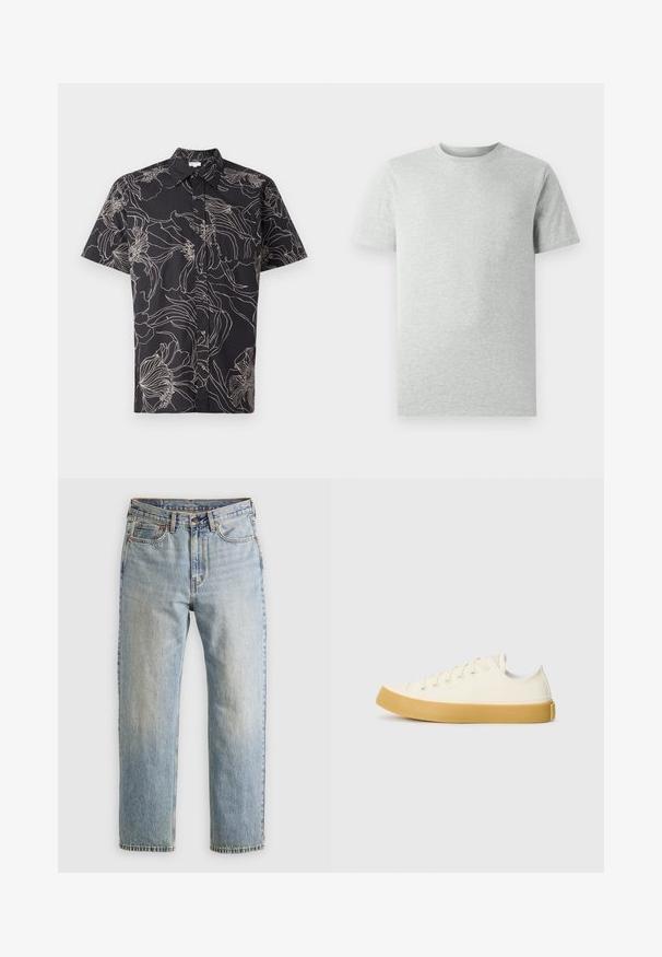 Kortærmet sort skjorte med hvidt blomsterudskrift, der har en knaplukning foran og standard krave. Fremstillet af letvægtsstof.; En simpel lys grå kortærmet T-shirt med rund hals, vist på en hvid baggrund, set foran uden synlige logoer eller designs.; Lysblå denim jeans med høj talje, frontknap, lynlås og fem-lomme design, lagt fladt på en neutral baggrund.; Læder sneakers i off-white med rund tå, der har beige gummisåler og fem øjer til snørebånd, struktureret finish på overdelen.