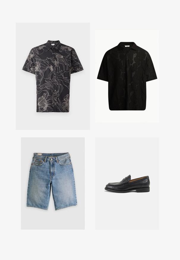 Lyhythihainen musta paita, jossa on valkoinen kukkakuvio, napitettava etuosa ja tavanomainen kaulus. Valmistettu kevyestä kankaasta.; Mustapaita, jossa on lyhyet hihat ja rakenne, joka sisältää abstraktin kuvion. Kaulus on litteä ja hieman avoin, mikä korostaa rentoa ilmettä.; Vaaleansiniset farkkushortsit klassisella leikkauksella. Ominaisuuksiin kuuluu viisi taskua, oranssit ompeleet ja raidanreunat.; Mustat nahkaloaferit, joissa on sileä pinta, pyöreä varvas ja koristeompeleet varpaansuojassa. Matala pinottu korko ja hieno kiilto.