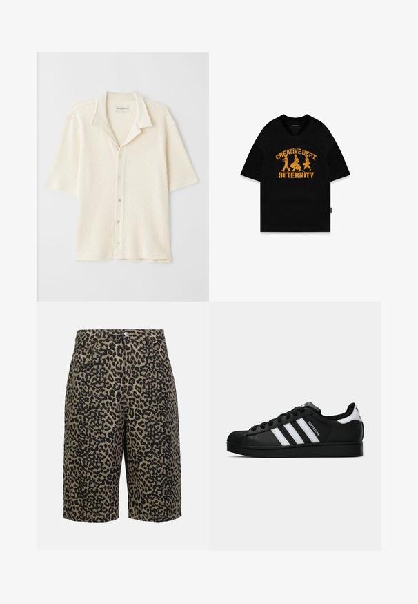 Rövidujjú, galléros ing krém színben, texturált anyagból, gyémántmintákkal, öt gombos záródással és laza fit-tel.; Fekete, rövid ujjú póló, amelyen a "CREATIVE DEPT RETERNITY" felirat olvasható megkopott sárga színben, három figurával, hálós textúrával tervezve.; Tarka leopárdmintás farmer rövidnadrág földszínekben, gombzárral, öt zsebbel és kényelmes szabással.; Fekete Adidas Superstar sportcipő fehér csíkokkal, kagyló orral és "Superstar" felirattal az oldalán, oldalról bemutatva, fehér háttér előtt.