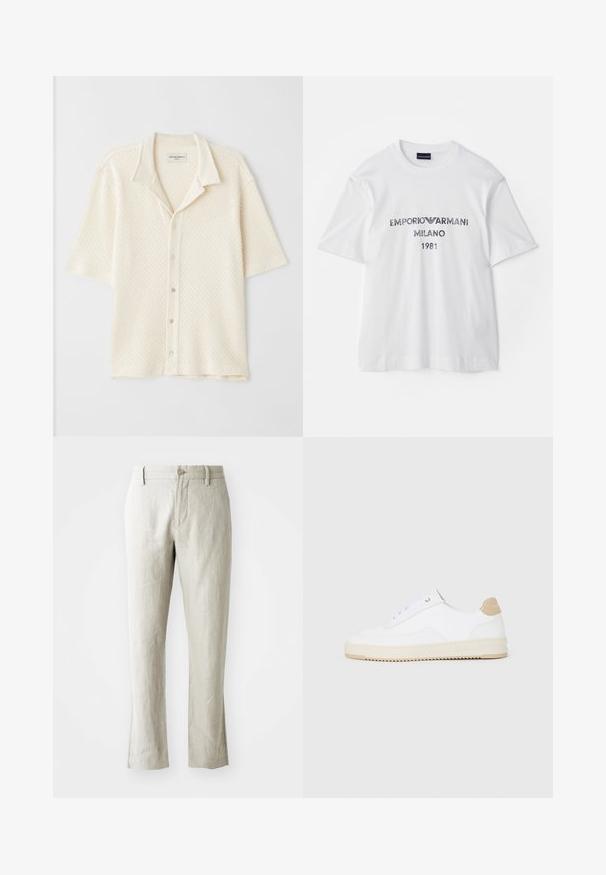 Camicia a maniche corte con colletto in crema, tessuto testurizzato con motivi a diamante, chiusura con cinque bottoni e vestibilità rilassata.; T-shirt bianca in cotone a maniche corte, con la scritta "EMPORIO ARMANI MILANO 1981" in caratteri grigio scuro e un logo. Design classico con collo a giro.; Pantaloni in lino beige chiaro con taglio dritto, sottile texture, chiusura frontale con bottone e due tasche laterali. Progettati per una silhouette pulita.; Sneaker bianche basse in pelle testurizzata, con suola rigata color crema e dettagli sul tallone color marrone chiaro. Presentano lacci bianchi e un logo sul tallone.