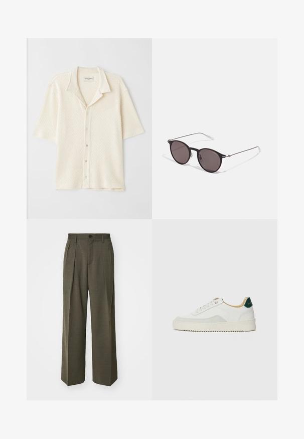 Košeľa s krátkym rukávom v krémovej farbe, textúrovaná tkanina s diamantovými vzormi, uzatváranie na päť gombíkov a voľný strih.; Čierne bavlnené tričko s okrúhlym výstrihom, krátkymi rukávmi a bielym logom "EMPORIO ARMANI" nad textom "Milano" v zakrivenej línii.; Filippa K WIDE TROUSERS - Nohavice - driftwood; Biele tenisky s semišovými akcentmi, zaoblenou špičkou, plochými šnúrkami a krémovou gumovou podrážkou. Na päte sú zelené značky.; Čierne okrúhle slnečné okuliare s tmavými sklami a tenkými kovovými ramenami. Obsahujú priehľadné konce rámov a strieborné akcenty na pántoch. Minimalistický dizajn.