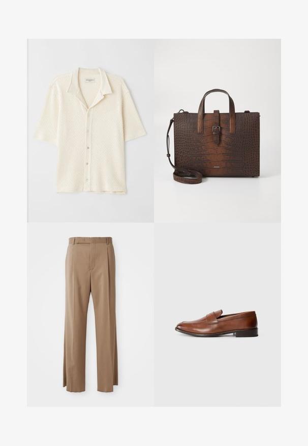 Košile s krátkým rukávem v krémové barvě, strukturovaná tkanina s diamantovými vzory, s pěti knoflíky a uvolněným střihem.; Světle hnědé kalhoty na míru se rovnými nohavicemi, poutky na pásek, předním švem a skrytým zapínáním, položené na bílé pozadí.; Hnědé kožené polobotky s kulatou špičkou, minimalistickým šitím a nízkým blokovým podpatkem. Obsahují dekorativní pásek přes nárt.; Hnědá kabelka z krokodýlí kůže s embosováním, s horními uchy a odnímatelným ramenním popruhem. Disponuje sponou na zavírání a obdélníkovým tvarem.
