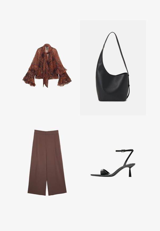 Hnědá blůza s paisley vzorem, dlouhými zvonovými rukávy a kravátkovým výstřihem. Vyrobena z lehké tkaniny, zdobena květinovými a abstraktními vzory.; Hnědé široké kalhoty s hladkou texturou, vysokým pasem a předními záhyby. Materiál je lehký a volně splývá.; Bershka Sandály na vysokém podpatku - black; Černá kožená hobo taška s hladkým povrchem, zakřiveným tvarem a jedním nastavitelným popruhem; má široké otevírání nahoře.