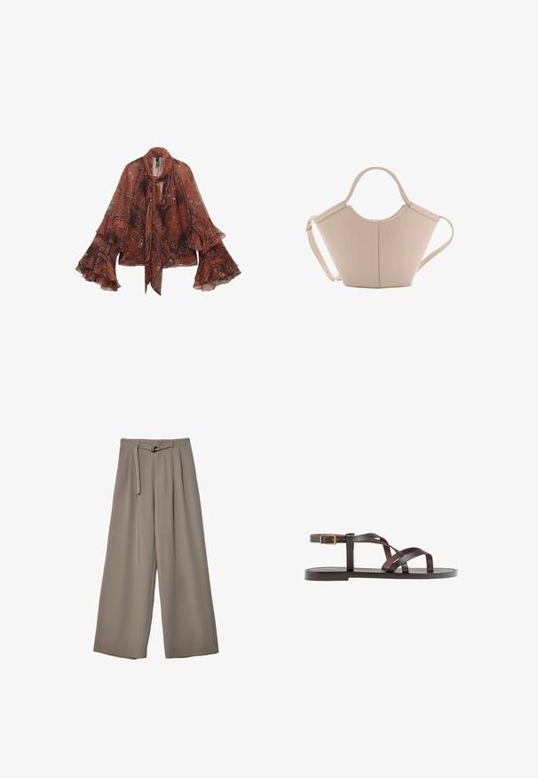 Blusa marrone in paisley con maniche lunghe a campana e colletto con fiocco. Realizzata in tessuto leggero, presenta motivi floreali e astratti.; Pantaloni a gamba larga in un morbido tessuto grigio tenue, con vita con cintura e pieghe per un tocco di design aggiuntivo. Texture liscia, senza motivi.; Sandal in pelle marrone con cinturini incrociati, chiusura con cinturino alla caviglia e suola piatta con dettagli di cucitura minimi.; Borsa in pelle beige con una forma unica, caratterizzata da due manici corti e una lunga tracolla regolabile. Texture liscia con hardware minimale.