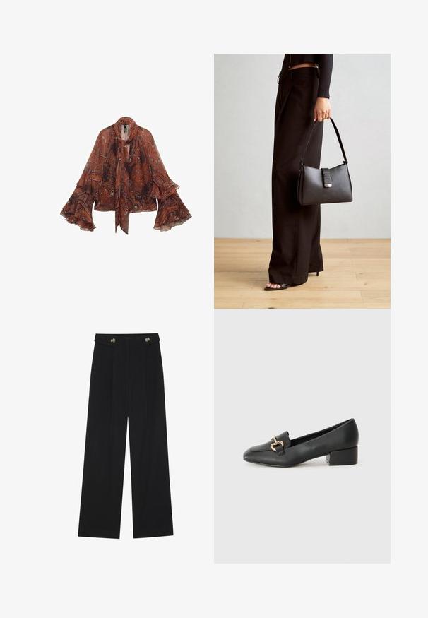 Blusa marrone in paisley con maniche lunghe a campana e colletto con fiocco. Realizzata in tessuto leggero, presenta motivi floreali e astratti.; Pantaloni neri a gamba larga con vita alta, dettagli con bottoni in vita e pieghe frontali.; Mocassini in pelle nera con tacco piatto, dotati di un dettaglio decorativo in metallo dorato nella parte anteriore e una superficie liscia.; Borsa nera con forma strutturata, texture liscia e una chiusura metallica. Abbinata a pantaloni neri larghi e sandali open-toe su un pavimento in legno.