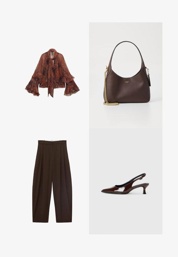 Hnedá blúzka s paisley vzorom, dlhými zvonovými rukávmi a viazaním na krku. Vyrobená z ľahkého materiálu, s kvetinovými a abstraktnými vzormi.; Hnedé nohavice s vysokým pásom a skladaním, vyrobené z hladkej tkaniny. Voľný strih, rovný strih nohavíc, s pútkami na opasok a so zipsom.; Hnedá lakovaná slingback obuv s špicatou špičkou a mierne vysokým opätkom. Obsahuje pracku pre bezpečné upevnenie. Hladká textúra.; COACH BROOKLYN SHOULDER BAG 23 - Kabelka - maple