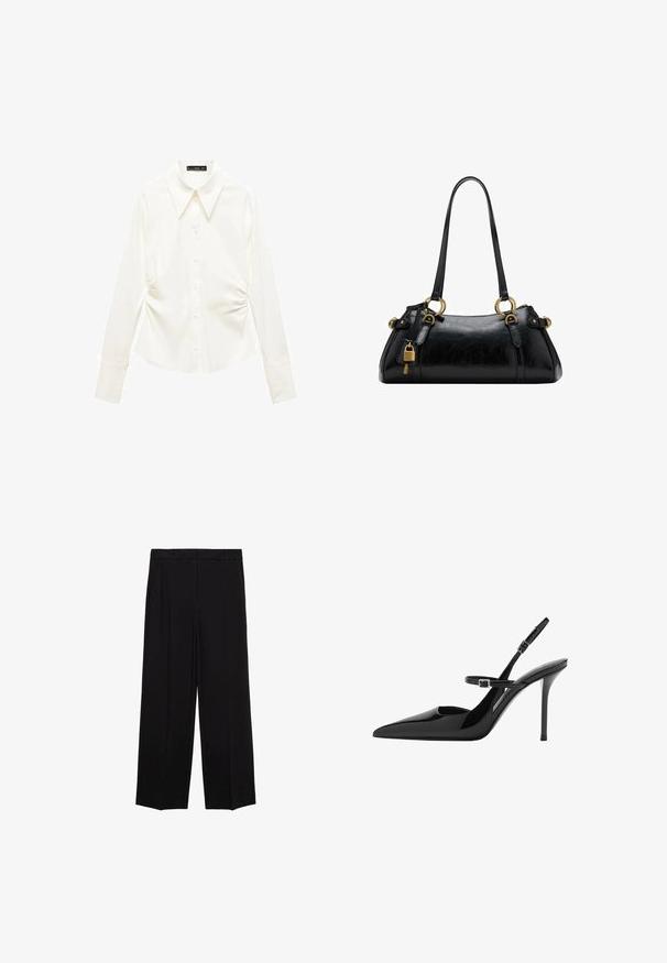 Weiße Bluse mit langen Ärmeln, klassischem Kragen, vorderem Knopfverschluss und gerafften Details an den Seiten. Glatte Stoffstruktur.; Schwarze weit geschnittene Hosen aus glattem Stoff, mit Falten an der Vorderseite und seitlichen Taschen, entworfen in einem geraden, lässigen Schnitt.; Schwarze Lackleder Slingback-High Heels mit spitzem Zeh, verstellbarem Riemen und Stiletto-Absatz. Glatte Oberfläche mit glänzendem Finish.; Schwarze Ledertasche mit glatter Textur, runder Form, goldenen Hardware-Akzenten und zwei Griffen. Mit einem dekorativen Schloss an der Seite.