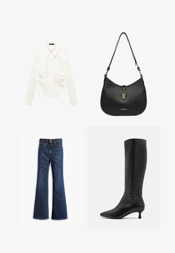 White blouse with long sleeves, a classic collar, front button closure, and gathered detailing at the sides. Smooth fabric texture.; Dark blue denim flared jeans with a high waist, featuring five pockets, a button closure, and visible stitching detail along the seams.; Zign Boots - black; Black leather shoulder bag with a curved design, featuring a gold-tone hardware clasp and embossed logo on the front. Textured surface.