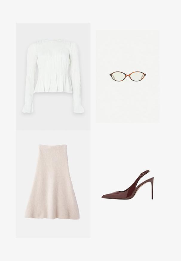 Bílá halenka s dlouhým rukávem s nařasenými detaily látky, nařaseným živůtkem a rozšířenými manžetami na jednobarevném pozadí.; Světlé béžové sukně ve tvaru A vyrobená z měkké, texturované látky, má hladký pas a splývavou siluetu.; Tmavě hnědá lakovaná kožená lodička na vysokém podpatku se špičatou špičkou, nastavitelným popruhem a štíhlým jehlovým podpatkem.; Želvovinové brýle s oválnými čočkami a hladkým, jemným povrchem. Má tenké bočnice s jemným zakřivením v chrámcích. Čiré čočky.