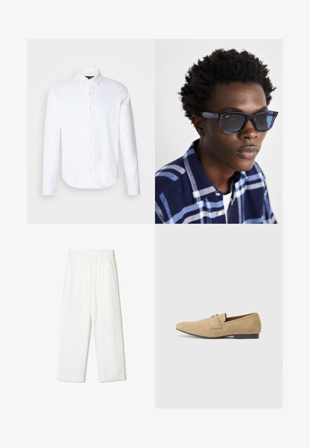 Hosszú ujjú, fehér pamut keverék ing klasszikus gallérral, elöl gombos záródással, kerek hemel és sima textúrával.; Fehér, bő szárú nadrág texturált anyagból. Rugalmas derékkal és két oldalsó zsebből áll. Casual, laza fit stílus.; Beige velúr lofu, enyhe fényes felülettel, lekerekített orral, slip-on kialakítással és alacsony barna sarkakkal. Diszkrét varrási részletek.; Kék Ray-Ban napszemüveg, fényes felülettel, négyzet alakú kerettel és sötét lencsékkel; egy sötétkék és világoskék kockás inggel viselve.