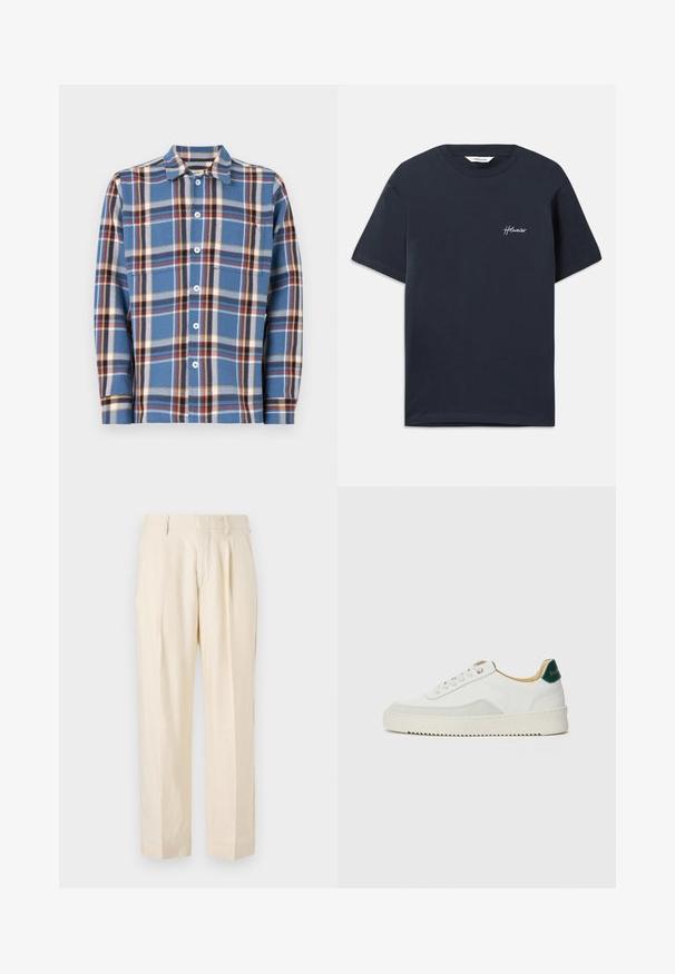 Pánská kostkovaná košile v modré barvě, s bílými, červenými a žlutými pruhy. Zapínání na knoflíky, špičatý límeček a dlouhé rukávy. Měkká textura.; Námořnická modrá bavlněná tričko s krátkými rukávy. Má bílé vyšívané logo značky na levé části hrudi. Klasický kulatý výstřih.; NN.07 KAY - Kalhoty - off white; Bílé tenisky se semišovými prvky, kulatou špičkou, plochými tkaničkami a krémovou gumovou podrážkou. Na patě mají zelené logo.