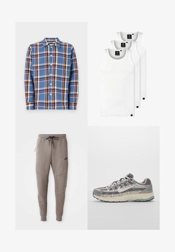 Férfi kockás ing kék színben, fehér, piros és sárga vonalakkal. Gombos záródás, hegyes gallér és hosszú ujjak. Puha tapintás.; Három fehér csíkos pamut trikó. Felső része kerek nyakkivágású, és a szegély közelében kis fekete címkék találhatók. Több méretben elérhető.; Szürke Nike melegítőnadrág húzózsinórral a deréknál, keskeny lábakkal, oldalsó zsebekkel és jellegzetes varrás részletekkel. Puha, texturált anyag.; Szürke sportcipő, hálós és velúr felsőrésszel, fehér részletekkel, párnázott talppal és jellegzetes dizájnnal, amely visszaverő elemeket tartalmaz.