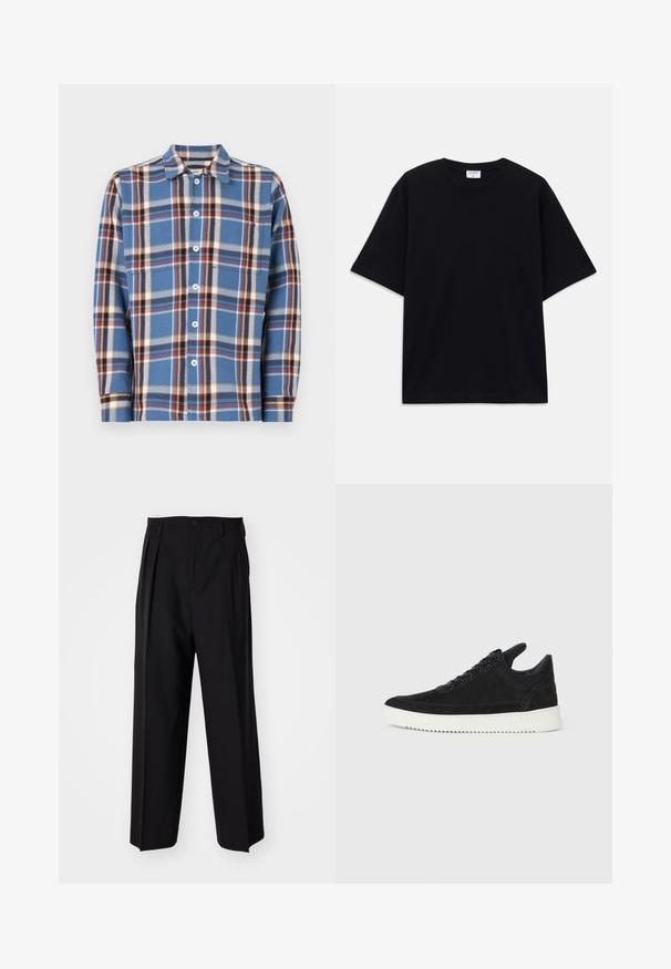 Férfi kockás ing kék színben, fehér, piros és sárga vonalakkal. Gombos záródás, hegyes gallér és hosszú ujjak. Puha tapintás.; Fekete, rövid ujjú, oversize póló kerek nyakkivágással és látható Filippa K márkacédulával a gallér belső részén.; Fekete, pliszírozott nadrág, egyenes, széles lábakkal. Sima anyagból készült, gombos záródással és övhurkokkal rendelkezik.; Fekete nubuk sportcipő fehér gumitalppal, tónusos varrással és fűzős kialakítással. Simák a textúrája, modern, letisztult formával rendelkezik.