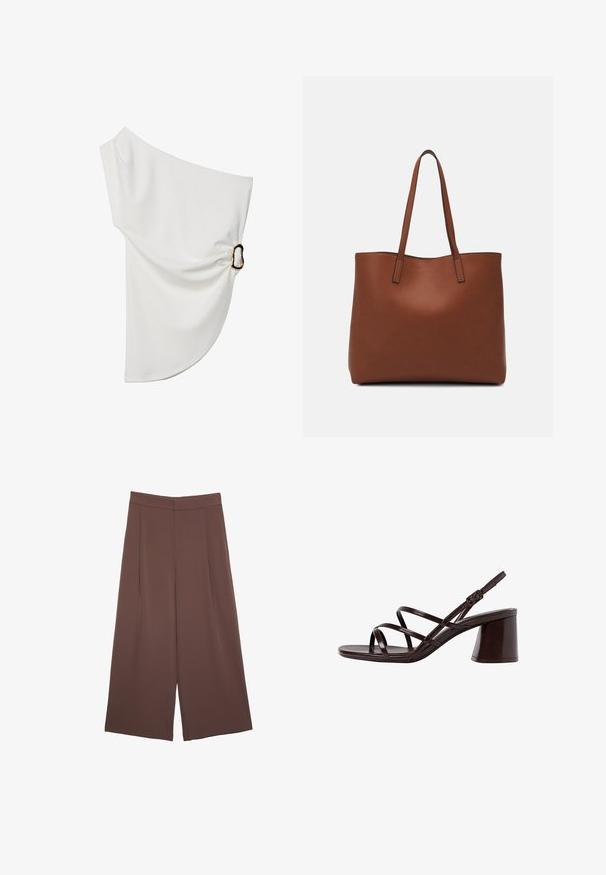 Bela bluzica brez naramnic, izdelana iz gladkega materiala, s pošito podrobnostjo in kovinskim obročkom na eni strani.; Rjave široke hlače z gladko teksturo, ki imajo visok pas in sprednje naborke. Tkanina je lahka in prosto pada.; Rjave sandale na visoki peti s debelim petom, z gladko, sijajno površino in večkratnimi križnimi trakovi na zgornjem delu.; Rjava usnjena torba z gladko teksturo, odprto zasnovo zgoraj in dvema naramnima trakovoma. Opremljena je z minimalnim šivanjem in brez vidnih kovinskih delov.