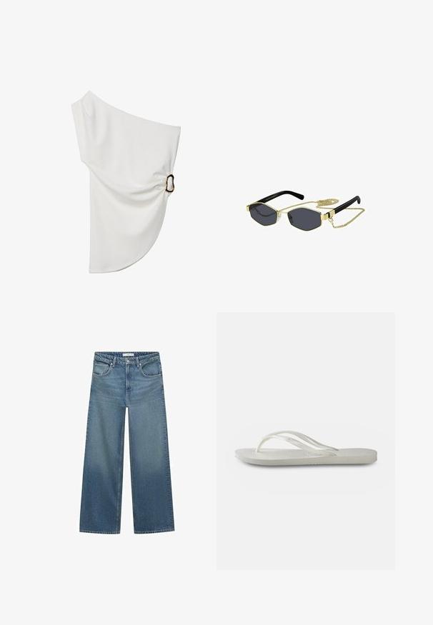 Off-shoulder hvid bluse lavet af glat stof, med en samlet detalje med en metalring som accent på den ene side.; Lysblå vid ben jeans lavet af denim, med mellemhøj talje, to frontlommer og klassiske syninger.; Hvide flip-flops med en tekstureret sål, der har tynde stropper og et fladt design. Lavet af gummi med et subtilt logo på indersiden.; Oktagonale solbriller med mørke linser, guld metal accenter og sorte plastarme; inkluderer en aftagelig guld kæde.; Hvid håndtaske med teksturerede, skællede udsmykninger. Har et vævet håndtag og en sølv kædedyse for alsidighed.