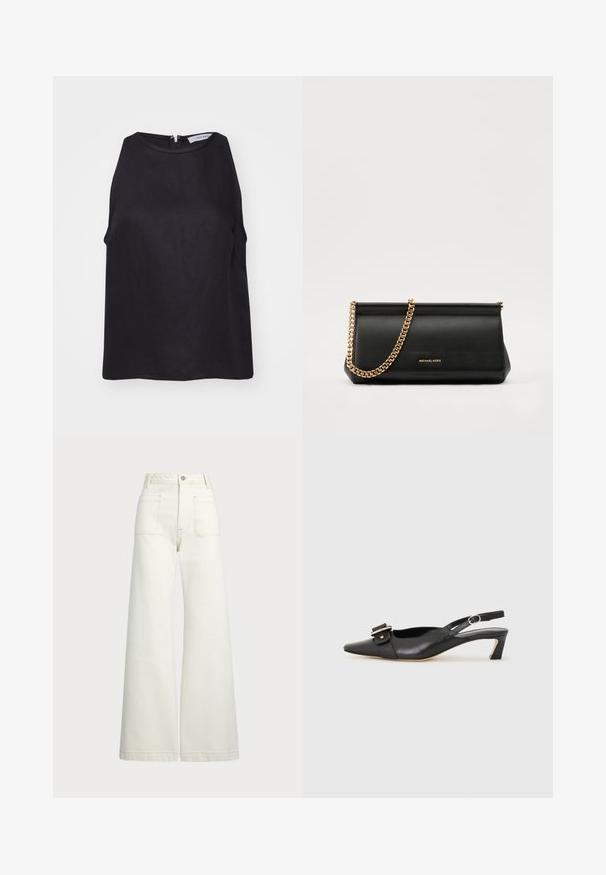 IVY OAK TAILOR SUE - Topper - black; Vidde bukser i off-white denim. Høyt liv-design med knappelukking, to frontlommer og kontrastsøm detaljer.; Svarte skinn slingback-sko med spiss tå, liten hæl og dekorativ spenne-detalj på overdelen. Glatt tekstur, minimalistisk design.; Svart skinnkuvertveske med en gullkjede-rem, med en glatt tekstur, rektangulær form og preget merkevare på forsiden.