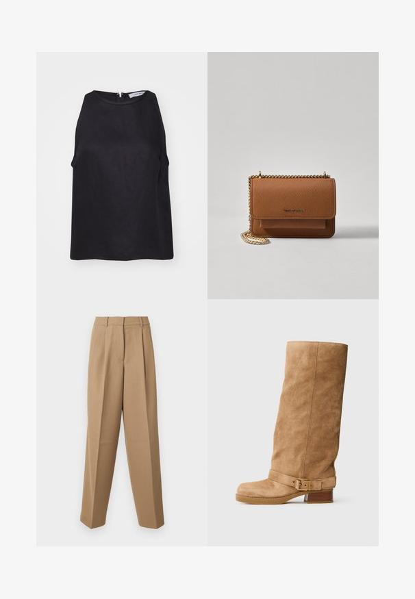 IVY OAK TAILOR SUE - Viršus - black; Bežinės pritaikytos kelnės su aukštu liemeniu, raukšlėtu priekiu ir plačiomis kojomis. Audinys atrodo lygus, su nedideliu blizgesiu.; Šviesiai rudos zomšinės pusilgis botas su žemu supresuotu kulnu, apvaliu nosiu ir reguliuojama juosta su auksine sagtimi aplink čiurną.; Ruda tekstūruota odinė per petį nešama rankinė su auksiniu grandininiu dirželiu ir užlenkiamo užsegimo. Priekinėje pusėje yra logotipo detalė ir kišenė po užlenkimu.