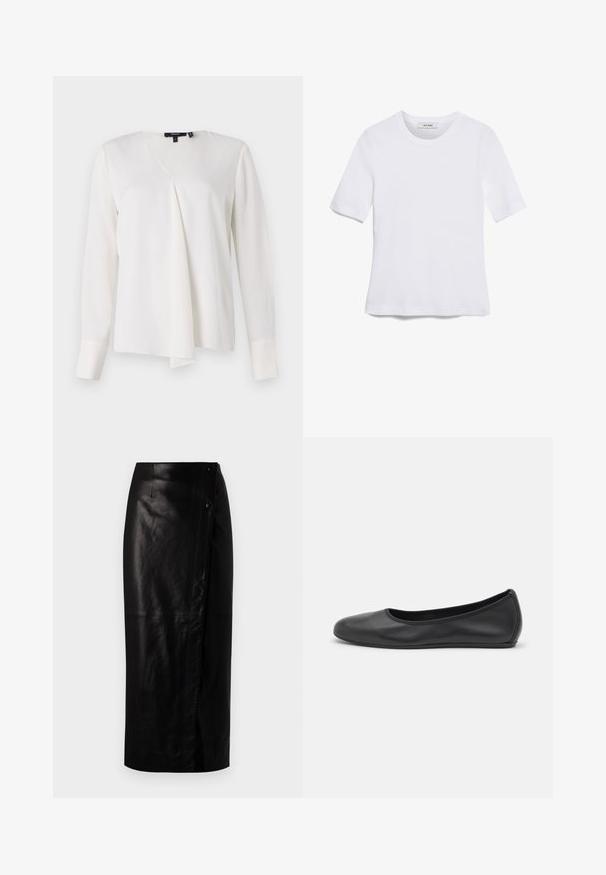 Weiße Bluse mit langen Ärmeln und V-Ausschnitt, mit einem drapierten Vorderteil, glatter Textur und strukturierten Manschetten. Schlichter und vielseitiger Stil.; Weißes kurzärmliges T-Shirt aus geripptem Stoff. Runder Halsausschnitt, normale Passform und dezente Nähte. Keine Muster oder Grafiken.; Schwarze Leder-Midi-Rock mit Wickeldesign, seitlichem Knopfverschluss, glatter Textur und geradem Schnitt.; Schwarze Leder-Ballettschuhe mit abgerundeter Spitze, glatter Textur, minimalen Nähdetails und einem flexiblen Sohlen-Design.