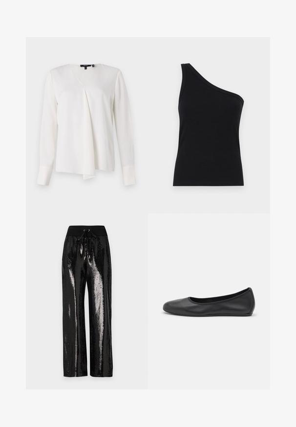 White long-sleeve blouse with a V-neck design, featuring a draped front, smooth texture, and structured cuffs. Simple and versatile style.; One-shoulder black ribbed tank top with a fitted design and soft texture. Features a clean, minimal cut and smooth neckline.; Black sequined pants with a wide-leg cut and elastic waistband featuring a drawstring. The fabric has a reflective, shiny texture.; Black leather ballet flat with a rounded toe, smooth texture, minimal stitching detail, and a flexible sole design.
