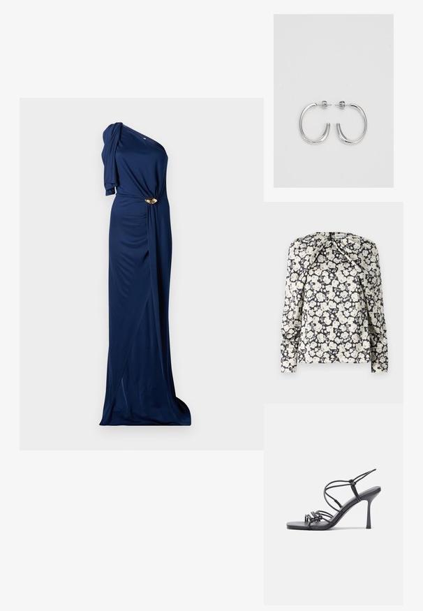 Blusa nera con motivo floreale caratterizzata da fiori color crema, maniche lunghe, dettagli plissettati sulle spalle e orlo dritto. Tessuto morbido.; Abito blu navy a spalla unica realizzato in tessuto morbido, con dettaglio a nodo attorcigliato in vita e accentuato da hardware dorato.; Sandali neri con tacco alto presentano sottili cinturini con design annodato, una punta quadrata liscia e un elegante tacco a spillo.; Borsa a mano metallica grigia chiara con tracolla a catena, impreziosita da piccoli chiodi metallici circolari e da un logo triangolare del marchio.; Orecchini a cerchio in argento con una finitura liscia e lucente. Forma arrotondata, design leggero, con chiusura a perno.