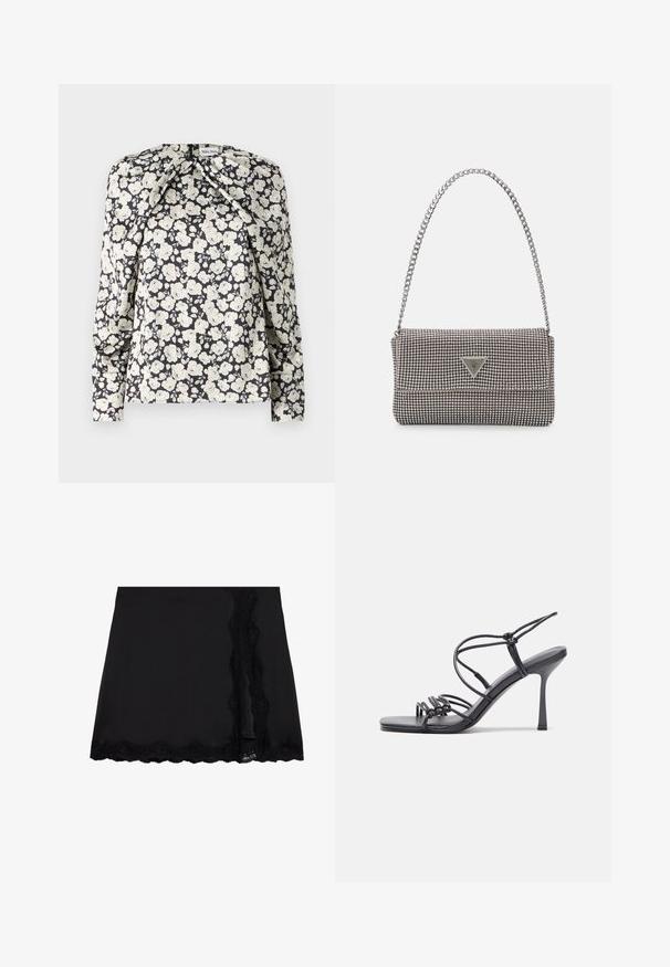 Mustard peene kleit, millel on koha kõrval avatud õlavarre detail ja tooni sobivad tilgutavad taskud. Elegantne ja mugav lõige.; Even&Odd Miniseelik - black; Mustad musta värvi kontsandaalid on varustatud peente rihmadega, millel on sõlmekujundus, siledad ruudukujulised varbad ja stiilne stilettokonts.; Helehall metallik handbags, millel on kett, kaunistatud väikeste ümmarguste metallist õmblustega ja kolmnurkse brändi logoga.