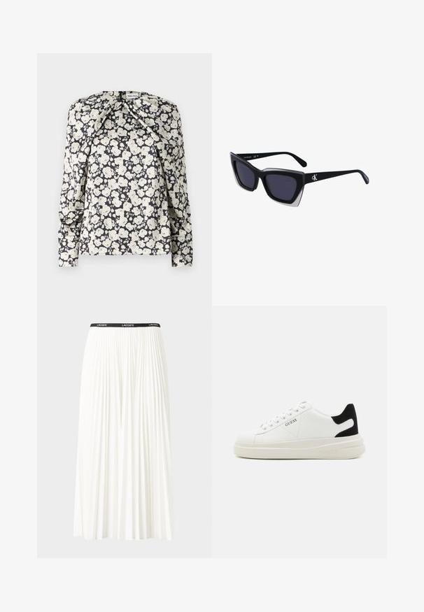 Musta kukkablusa, jossa on kerma-valkoisia kukkia, pitkät hihat, poimutettuna yksityiskohtina hartioilla ja suora helma. Pehmeä kangas.; Hame valkoinen pliseerattu hame mustalla joustavalla vyötäröhihnalla, jossa on "LACOSTE"-logo. Puolipitkä malli pehmeällä tekstuurilla.; Valkoiset nahkakengät paksulla valkoisella pohjalla, mustalla mokkanahkaosuudella kannassa ja kohokuvioitu logo sivulla. Nauhakeskitys kuudella reiällä.; Mustat ylisuuret aurinkolasit, joissa on geometrinen muoto, tummat linssit ja kehykseen erottuva harmaa yksityiskohta. Logo varressa.