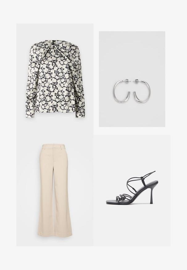 Sort blomsterbluse med crèmefarvede blomster, lange ærmer, plisseringer ved skuldrene og lige nederste kant. Blød stofstruktur.; Beige vidde bukser med en glat overflade, der har en høj talje og to forlommer. Renset design med en skræddersyet pasform.; Sorte højhælede sandaler med tynde stropper og en knyttet design, en glat firkantet tå og en slank stiletto hæl.; Sølv hoop øreringe med en glat, skinnende overflade. Rundet form, letvægtsdesign med post-back lukning.