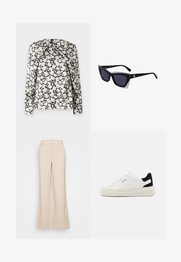 Sort blomsterbluse med crèmefarvede blomster, lange ærmer, plisseringer ved skuldrene og lige nederste kant. Blød stofstruktur.; Beige vidde bukser med en glat overflade, der har en høj talje og to forlommer. Renset design med en skræddersyet pasform.; Hvide lædersneakers med en tyk hvid sål, sort ruskindhælvægt og prægede logoer på siden. Snørebåndsdesign med seks øjer.; Store sorte oversized solbriller med geometrisk form, med mørke linser og en kontrasterende grå detalje på stellet. Logo på armen.