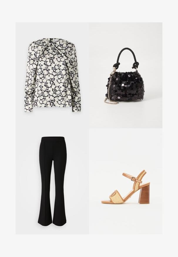Melnā ziedu blūze ar krēmkrāsas ziediem, garām piedurknēm, plecu krokām un taisnu apakšmalu. Mīksta auduma tekstūra.; Melni izplešami bikses, izgatavotas no elastīga materiāla ar gludu tekstūru, ar šuvju detaļām priekšpusē, lai pievienotu dizaina elementus.; Brūni ādas un austu salmu papēžu sandales ar potīšu siksniņu, atvērtu purngalu un masīvu koka izskata papēdi ar horizontālām svītrām.; Melna spīguļota mini rokas soma ar mezglotu teksturētu siksniņu un sudraba ķēdi. Apaļa forma ar sakopotām malām un atstarojumu detaļām.