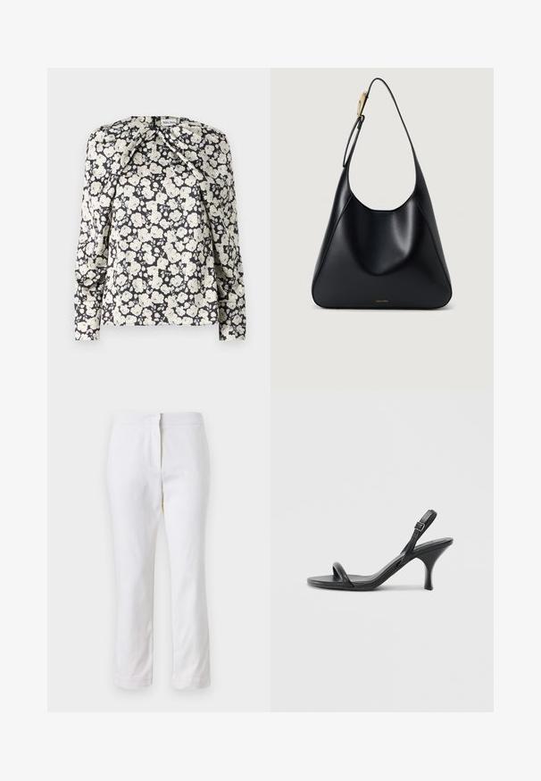 Black floral blouse featuring cream flowers, long sleeves, pleated detailing at shoulders, and a straight hemline. Soft fabric texture.; White cotton pants with a straight leg design, featuring a mid-rise waist and no visible hardware or patterns. Smooth texture throughout.; Black leather high-heeled sandals with a slim, curved heel and a crossed strap design. Adjustable ankle strap. Smooth texture.; Black leather shoulder bag with a smooth texture, curved silhouette, and a gold hardware accent. Features embossed brand logo at the base.
