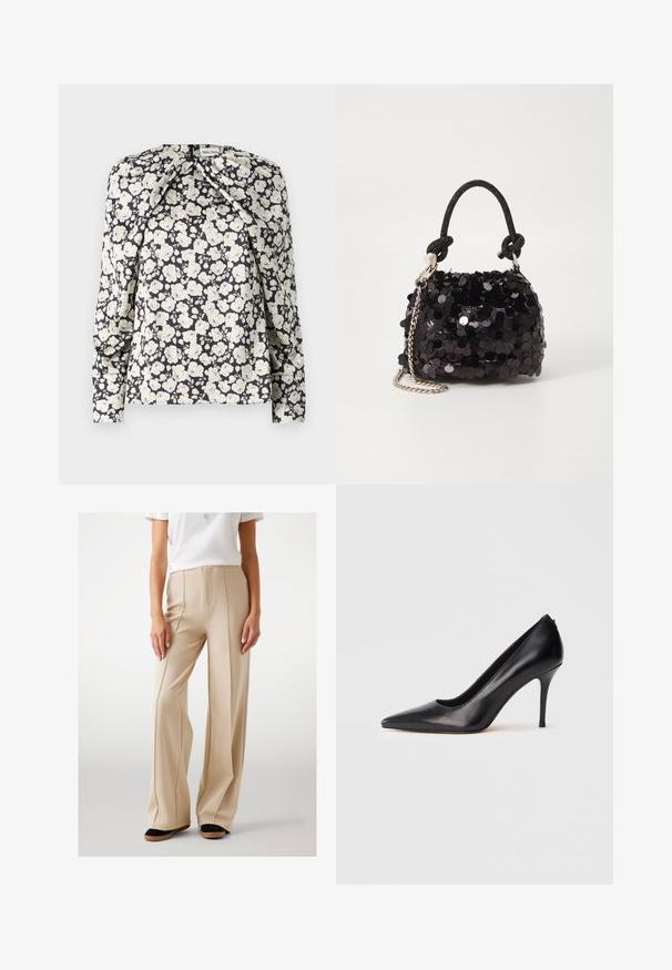 Schwarze Blumenbluse mit cremefarbenen Blumen, langen Ärmeln, gefältelten Details an den Schultern und geradem Saum. Weicher Stoff.; Beige weite Hosen aus glattem Stoff, mit vorderen Falten und hohem Bund. Kombiniert mit schwarzen und braunen flachen Schuhen.; Schwarzer, hochhackiger Lederpumps mit spitzer Schuhspitze, glatter Textur und elegantem Design. Verfügt über einen schlanken, erhöhten Absatz und eine tief ausgeschnittene Vorderseite.; Schwarze Pailletten-Mini-Handtasche mit einem geknoteten, strukturierten Tragegurt und einer silbernen Kette. Abgerundete Form mit gerafftem oberen Teil und reflektierenden Details.
