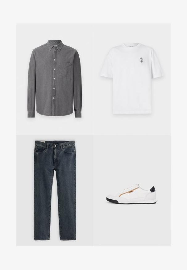 Camicia grigia a maniche lunghe con bottoni realizzata in tessuto morbido, caratterizzata da un colletto classico, una tasca sul petto e chiusura con bottoni standard.; T-shirt in cotone bianco con vestibilità rilassata, presenta un piccolo logo grafico nero nella zona sinistra del petto. Maniche corte, collo a giro.; Jeans in denim blu scuro con un design a gamba dritta, cinque tasche e chiusura con bottone. Il tessuto presenta una leggera sfumatura e texture.; Scarpe sportive bianche con accenti in rete e pelle. Presentano un logo dorato "BOSS", pannelli laterali testurizzati e un copri tallone nero. Suola in gomma.