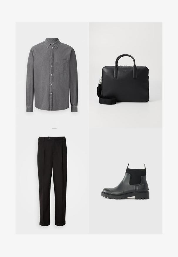 Hall hõlmikuga särgist, mis on valmistatud pehmest kangast, klassikalise kraega, ühekordse rinnataskuga ja standardsete nööbid.; Mustad püksid siledast kangast, sirge lõikega, kahe esipocketiga ja ühe nööbiga vöökoha kinnitamiseks.; Mustad mustadest kummist ankle'ide saapad, millel on matt viimistlus, sujuv disain, elastsed paneelid ja paks tald, mis tagab haarduvuse.; Musta nahast portfell, millel on tekstuuriga viimistlus, kahekordsed käepidemed, eemaldatav õlarihm ja esipaneelile logo detail. Lukuga sulgemine.