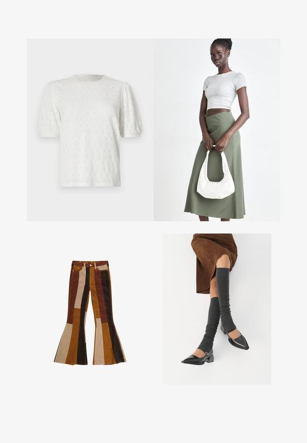 Vit kortärmad topp med puffärmar, texturerat blommönster och rund halsringning. Tillverkad av lättviktsmaterial.; Kordfløyelsbyxor med utsvängd ben och vertikala ränder i brunt, tan och senapsgult. Utmärkande design med hög midja och fem fickor.; Svarta lackläderskor med spetsig tå, blockklack och ankelrem, i kombination med grå ribbade benvärmare och en brun mockakjol.; Grå ribbad crop top och olivgrön högmidjad kjol. Modellen håller en vit axelremsväska med utskärningar. Enkelt design, tight passform.