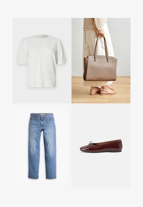 Balta trumpa rankovėmis palaidinė su pūsta rankovėmis, tekstūruota gėlių raštu ir apvaliu iškirpimu. Pagaminta iš lengvos medžiagos.; Svetlūs mėlyni džinsai su tiesiu kojų siluetu, penkių kišenių ir užtrauktuku. Audinys turi klasiką atitinkantį tekstūrinį paviršių su nežymiu nusidėvėjimu.; Bordo lakiotos odos baleto bateliai su apvalia nosimi, maža kaspinėlio akcentu priekyje ir žema juoda guma padanga. Lygi tekstūra.; Ruda sintetinė pirkinių maišeliai su dviem ilgomis rankenomis, kvadratiniais metaliniais akcentais ir subtiliu logotipu. Dėvimas su šviesiai kreminėmis sijonais ir basutėmis.