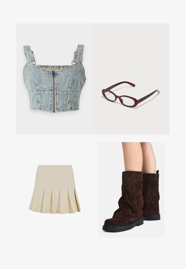 Denim crop top with a light blue wash, features zipper closure, smocked back, and wide straps. Details include stitching and slight distressing.; Beige pleated skirt with a fitted waistband, made of a smooth fabric. Features multiple vertical pleats and a straight hem.; Brown suede mid-calf boots with black rubber soles worn on bare legs, showing slight wrinkling on the boot shafts.; Oval-shaped red sunglasses with clear lenses and sleek brown frames. The design features subtle curves and minimal hardware.