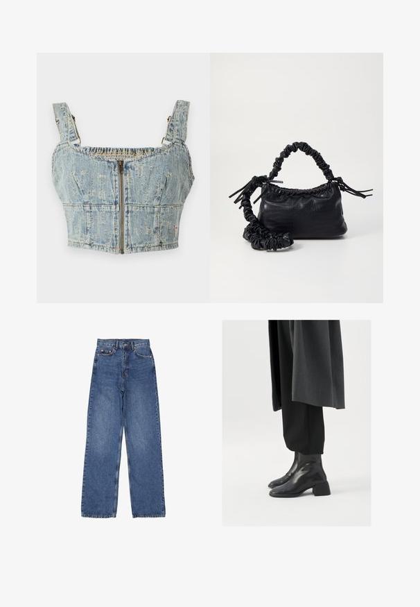 Denim-Crop-Top mit einem hellblauen Waschung, verfügt über einen Reißverschluss, eine geraffte Rückseite und breite Träger. Details sind die Nähte und leichte Used-Optik.; Jeans aus Denim mit hoher Taille und weitem Bein, in einer klassischen blauen Waschung, mit sichtbaren Nähten und metallischen Verzierungen an der Vordertasche.; Schwarze Lederstiefeletten mit quadratischer Zehenform und dicker Absatz, getragen mit lockeren schwarzen Hosen und einem dunkelgrauen Mantel. Glatte Oberflächenstruktur.; Schwarze Handtasche aus Kunstleder mit Krokodilstruktur, gerafftem oberen Teil und einem geschoppten Tragegurt. Sie wirkt weich und kompakt im Design.