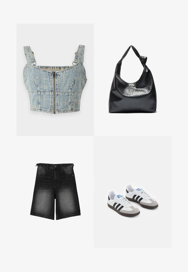 Tökéletesen illeszkedő farmer rövid felső világoskék mosással, cipzáras záródással, ráncolt hátrésszel és széles pántokkal. A részletek között szerepel varrás és enyhe kopás.; Fekete farmer rövidnadrág, amely elhalványult megjelenésű, öt zsebbel, gombos záródással és övhurkokkal rendelkezik. Az anyag sima tapintású.; Fehér bőr felsőrészes sportcipő, szürke velúrból készült orral és három fekete csíkkal. Jellemzője a kék logó a nyelvén és egy texturált gumitalp.; Fekete szőtt bőr kézitáska laza dizájnnal, csomózott pánttal és egy kis díszes arany szegeccsel a tetején.