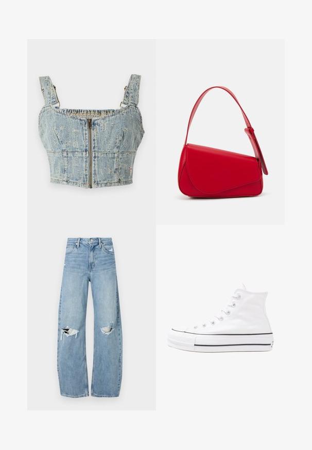 Denim crop-top, jonka vaaleansininen pesu, varustettu vetoketjusuljennolla, rypytetty takapuoli ja leveät hihnat. Yksityiskohtiin kuuluu ompelu ja lievää kulutusta.; Vaaleansiniset, korkeavyötäröiset farkut, jotka on valmistettu denimmateriaalista. Ominaisuuksiin kuuluvat leveät lahkeet, kaksi revittyä polvialuetta ja klassinen viiden taskun tyyli.; Valkoiset korkeavartiset kangaskengät mustalla kumipohjalla, edessä kuminen varvasosa ja kuusi nauha-aukkoa, puhtaan minimalistisella muotoilulla.; Punainen nahkalaukku, jossa on kulmikas, geometrinen muotoilu. Varustettu yhdellä säädettävällä hihnalla ja läpällä, jossa on ommeltu yksityiskohtia.