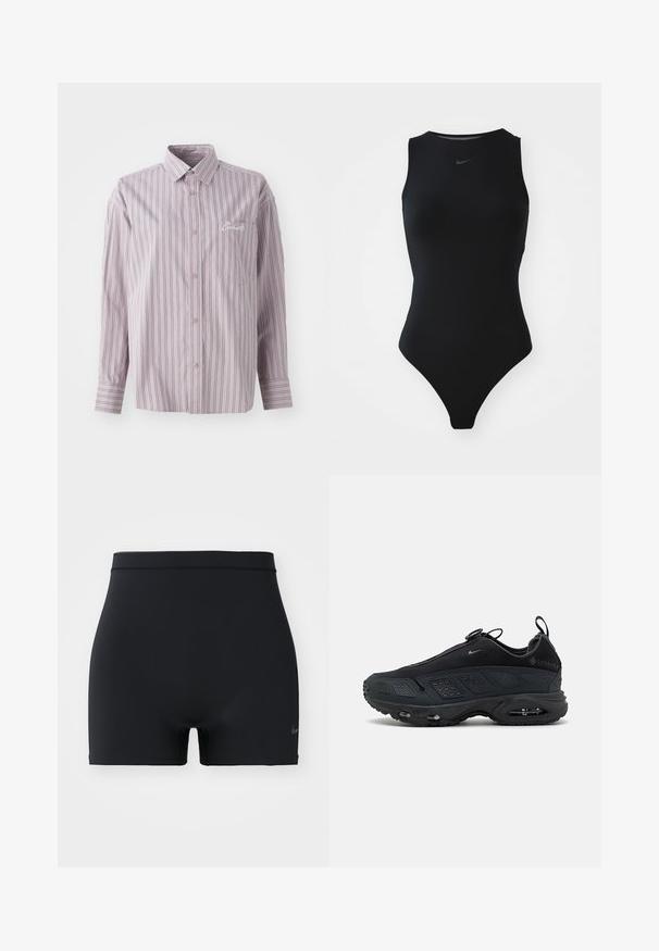 Button-up shirt in lavender with vertical stripes in dark gray. Features a small chest pocket and embroidered logo on the left side.; Black sleeveless swimsuit featuring a high neckline, sleek design, and Nike logo at the chest. Made from smooth, stretchy fabric.; Black sports shorts made of smooth, elastic material, featuring a mid-rise waistband and a small Nike logo on the left side.; Black sneakers with a textured mesh upper, rubber sole, and visible air cushioning. Features straps and perforated accents for breathability.