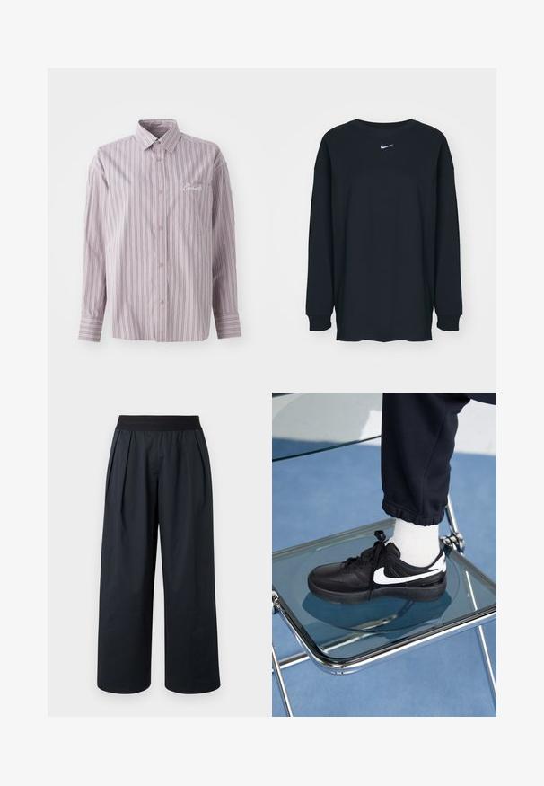 Lavendelfarbenes Button-up-Hemd mit vertikalen Streifen in Dunkelgrau. Verfügt über eine kleine Brusttasche und ein gesticktes Logo auf der linken Seite.; Schwarzes Langarm-T-Shirt aus Baumwolle mit Rundhalsausschnitt. Mit weißem Nike-Logo auf der Brust. Weiche Textur, simples Design.; Schwarze Hose mit weitem Bein, plissiertem Vorderteil, elastischem Bund und glatter Stofftextur. Verfügt über eine lockere Passform und eine verkürzte Länge.; Schwarze Nike-Sneaker mit weißen Akzenten, die über eine glatte Ledertextur, ein Schnürdesign und eine abgerundete Zehenform verfügen, platziert auf einem Glasstuhl.