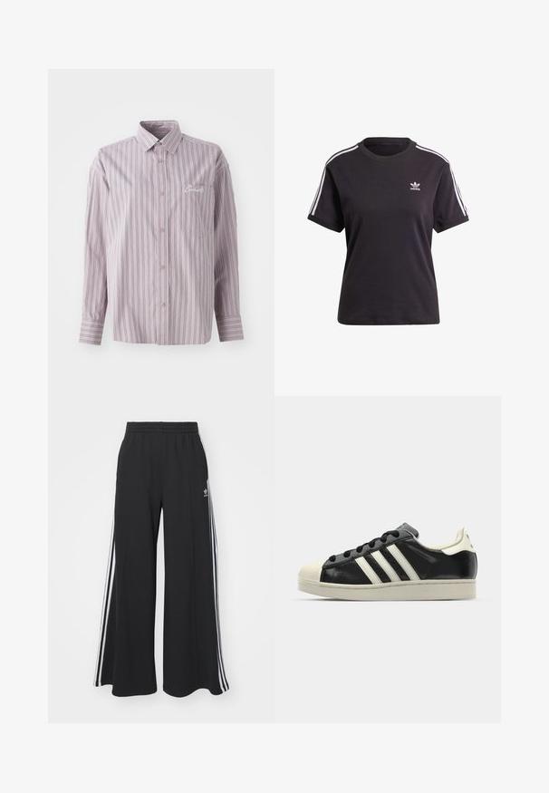 Camicia button-up in lavanda con righe verticali grigio scuro. Presenta una piccola tasca sul petto e un logo ricamato sul lato sinistro.; T-shirt corta nera in cotone a maniche corte con collo rotondo, caratterizzata da strisce bianche sulle spalle e un piccolo logo Adidas bianco sul petto.; Pantaloni in felpa neri a gamba larga con vita elastica, dotati di strisce bianche sui lati e un logo ricamato sulla coscia sinistra.; Sneaker in pelle nera con strisce bianche, punta in gomma, lacci neri e suola di colore crema. Texture liscia con finitura brillante.