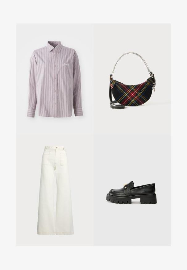 Košulja s dugim rukavima u lavandinom tonu s okomitim tamnosivim prugama. Ima mali džep na prsima i izvezeni logo s lijeve strane.; Široke traperice u boji krem-paleža. Visoki struk s kopčanjem na dugme, dva prednja džepa i kontrastni šavovi.; Crne kožne loafersice s debelim potplatom, s zlatnim akcentom sprijeda i glatkim završetkom. Debeli uzorak na potplatu.; Torba s tartan uzorkom izrađena od vune, polukružnog oblika, sa srebrnim lančićem za nošenje i odvojivim remenom od crne kože.